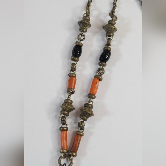 Vintage Yemeni Coral & Black Onyx Stone Beaded Tiger Eye Teardrop Stone Necklace - Picture 15 of 16